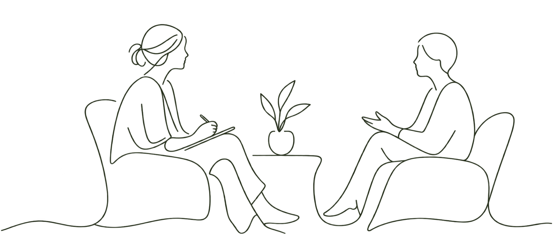 Illustration au trait de deux personnes échangeant en séance, une plante entre elles